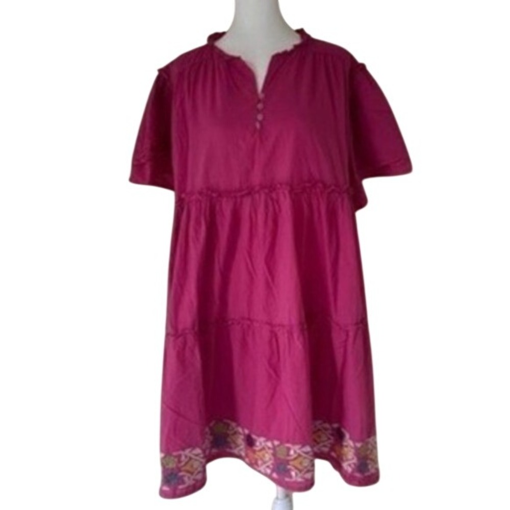 Layers Clothing Tiered Mini Dress Womens L Pink Boho Embroidered Flutter Sleeve‎